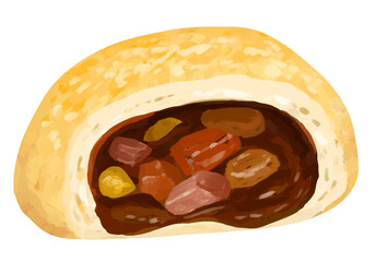 Char-siu pork　melon bread　Melonpan
チャーシューメロンパン　香港　点心　断面
baked curry bread, curry bread 
