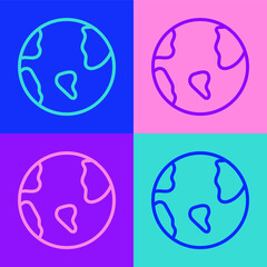 Pop art line Earth globe icon isolated on color background. World or Earth sign. Global internet symbol. Geometric shapes. Vector.