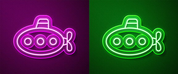 Naklejka premium Glowing neon line Submarine toy icon isolated on purple and green background. Vector.