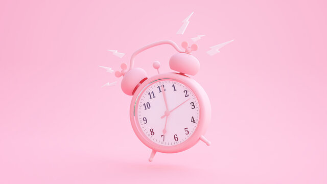 Pink alarm clock was ringing at 7.00 with clipping path and copy space for your text. Minimal idea concept, 3D Render.