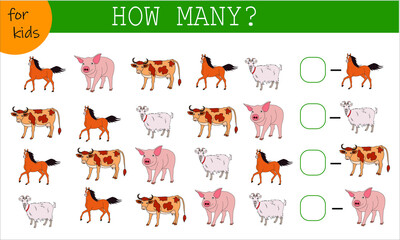 Math game for kids count the animals. How many are there? Horse, cow, pig, sheep. vector. Vector illustration isolated on a white background