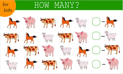 Obraz premium Math game for kids count the animals. How many are there? Horse, cow, pig, sheep. vector. Vector illustration isolated on a white background
