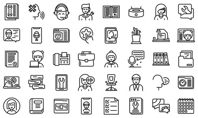 Personal assistant icons set. Outline set of personal assistant vector icons for web design isolated on white background