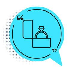 Black line Diamond engagement ring icon isolated on white background. Blue speech bubble symbol. Vector.