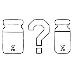 Two vials of medicine, vaccine, question mark between vials. Competition, discussion between coronavirus vaccine manufacturers. Hand drawn. Doodle style.
