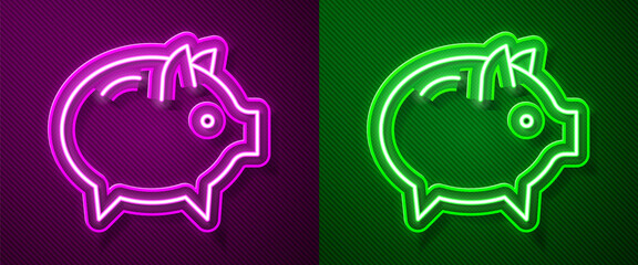 Glowing neon line Piggy bank icon isolated on purple and green background. Icon saving or accumulation of money, investment. Vector.