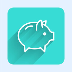 White line Piggy bank icon isolated with long shadow. Icon saving or accumulation of money, investment. Green square button. Vector.