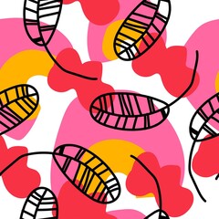 Seamless vector pattern with tropical leaves in bright shapes.Print with plants and abstract hand drawn spots in trendy colors.Designs for textiles,wallpaper,social media,web,packaging,wrapping paper.