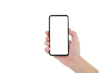 Man's right hand holding black mobile phone with blank screen on isolated white background