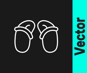 White line Flip flops icon isolated on black background. Beach slippers sign. Vector.