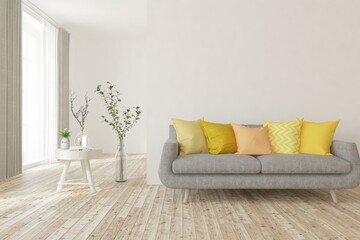 White living room with sofa and yellow pillows. Scandinavian interior design. 3D illustration