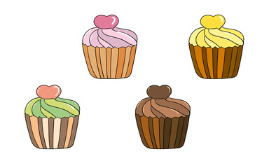 Vector multi-colored cupcakes, in doodle style. Homemade cakes, cupcake set. Design for postcards, restaurant menus, recipe books, web banners, birthdays, greeting and invitations.