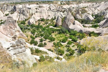 Amazing Cappadocia rocky outdoor landscape, selective focus. Tuff caves, Goreme, Cappadokia, Turkey. Turkish sightseeing attraction. Vertical position 