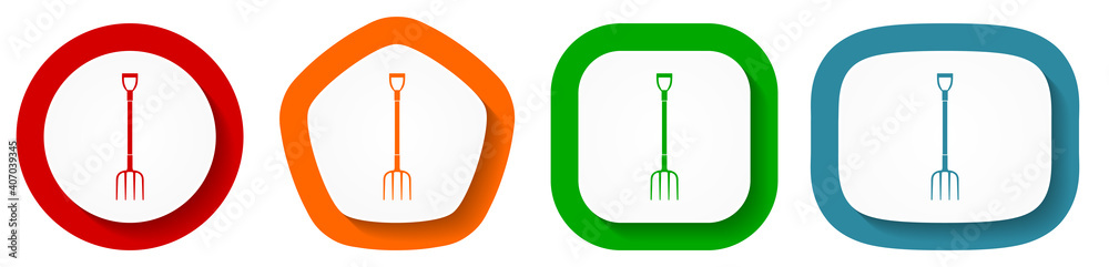 Poster fork, gardening tool vector icon set, flat design buttons on white background