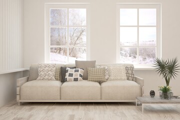 White living room with sofa and winter landscape in window. Scandinavian interior design. 3D illustration