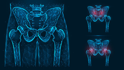Bones of the pelvis and hip, human anatomy. Pelvic and hip joint pain.. X ray of the hip joint made of lines and dots isolated on blue background. - obrazy, fototapety, plakaty