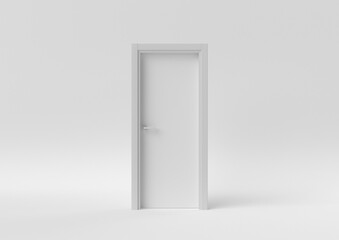 Closed White Door on white background. minimal concept idea creative. monochrome. 3D render.