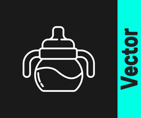 White line Baby bottle icon isolated on black background. Feeding bottle icon. Milk bottle sign. Vector.