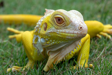 close up portrait of a yellow iguana