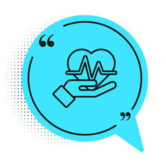 Black line Heart rate icon isolated on white background. Heartbeat sign. Heart pulse icon. Cardiogram icon. Blue speech bubble symbol. Vector.