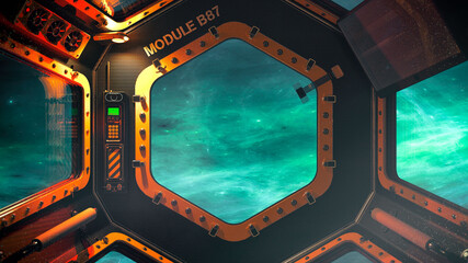 3D render of the observation bay of a space station in deep space © jack_less