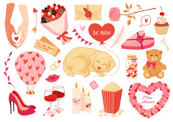 Set of valentines day stickers, elements, love symbols and romantic icons. Vector flat illustration.