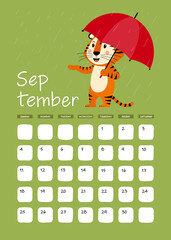 A3 Page of the wall calendar for September 2022. Cute striped tiger symbol of the year 2022 according to the Eastern or Chinese calendar. Vector stock ready-to-print template.