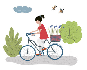 A girl rides a bicycle with a basket of flowers on the trunk. Girl rides through the park with trees and birds. Hand drawn vector illustration in cartoon style isolated on a white background.