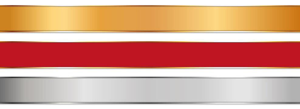 long gold, silver and red ribbon banners with gold frame on white background 