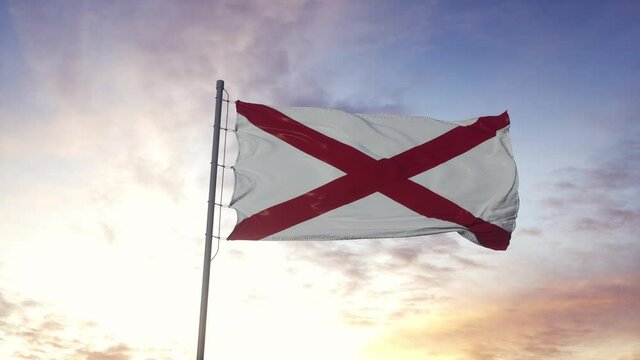 State flag of Alabama waving in the wind. Dramatic sky background. 4K