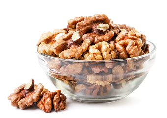 Walnut kernel in a glass plate on a white background. Isolated