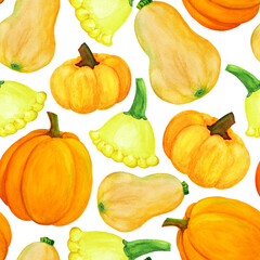 Orange and green pumpkin watercolor seamless pattern. Different pumpkin harvest autumn illustration for cover, fabric, textile, t-shirt design, wrapping, harvest festival, thanksgiving poster