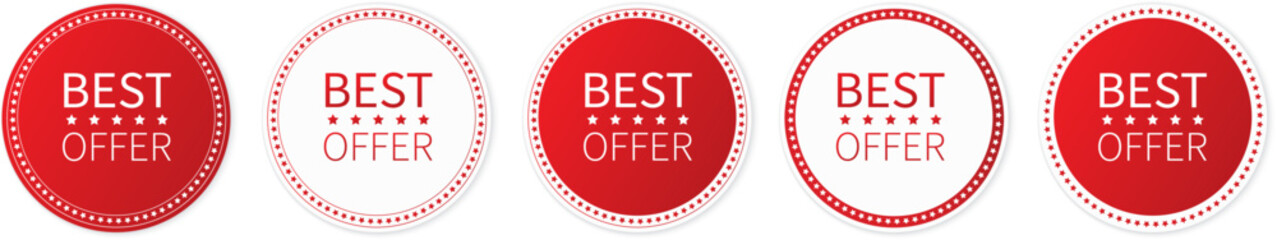 set of red round sticker banners with BEST OFFER text on white background	
