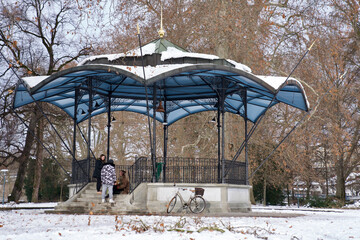 Fototapeta na wymiar Pavillon with blue roof at park, Zurich, Switzerland.