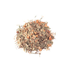 Top view of herbal tea heap with lemongrass, ginger and dry fruits isolated on white