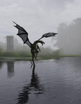 Green Marsh Dragon Hovering over a Lake, 3d digitally rendered fantasy illustration