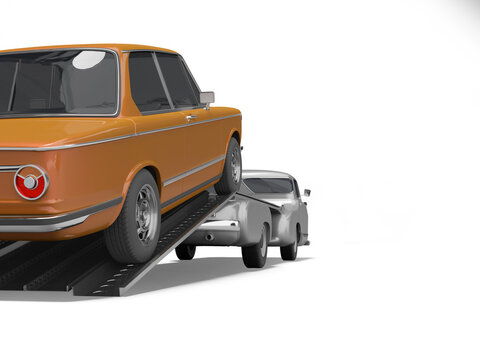 3d rendering concept of loading car on tow truck isolated rear view on white background with shadow