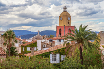 Fototapeta premium Saint Tropez, French Riviera, France. Famous Bell tower and authentic houses of the old town.