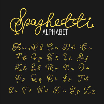 Spaghetti alphabet letters isolated on black background. Italy national food typography. Italian pasta font, text, words. Vector illustration