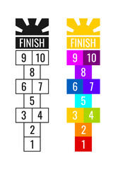 Hopscotch children leisure active game. Hop scotch color square with numbers 1 to 10 and sun on finish. Vector illustration