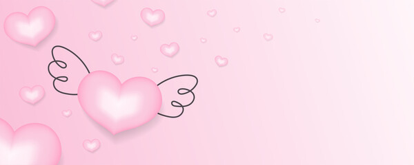 Happy Valentine's Day background. Pink hearts with hand drawn wings. Banner, poster, flyer, greeting card template with empty place for text. Love flying elements on pink. Vector illustration