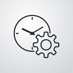 Logotipo con reloj simple y rueda dentada con lineas en fondo gris