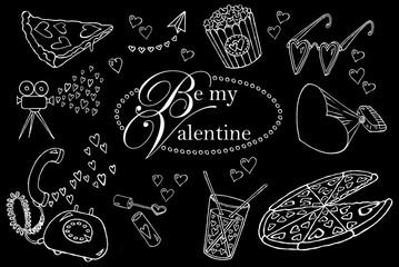 monochrome isolated seamless pattern about Valentine's Day with simage: projector, video camera, pizza, bubbles, popcorn, paper airplane, carbonated drink, telephone, newspaper, TV, glasses