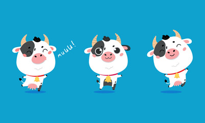Set of cute cartoon cows on blue background. Vector funny mascot. Vector Illustration of farm cow for printing on products and packaging containing milk in simple children's style.
