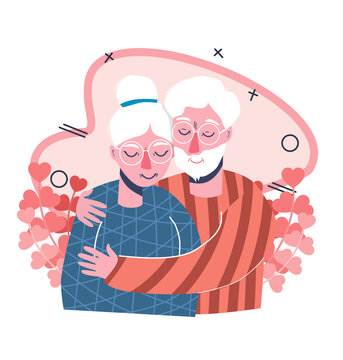 Valentine's Day. An elderly couple in love. They hug each other. Heart. Celebration of declaration of love. People in modern flat style. Hand drawing. An old man.