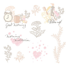 Morning routine set. Alarm clock, soap, toothbrush, comb, soap suds, a cup of tea or coffee and pastries, floral motifs.
