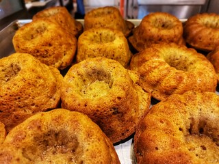 Poppy muffin. Breakfast pastry. Food with tea.