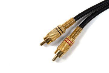 Gold-plated audio connectors for stereo signal. The left and right channels are marked with red and black stripes. Hi-Fi cable.