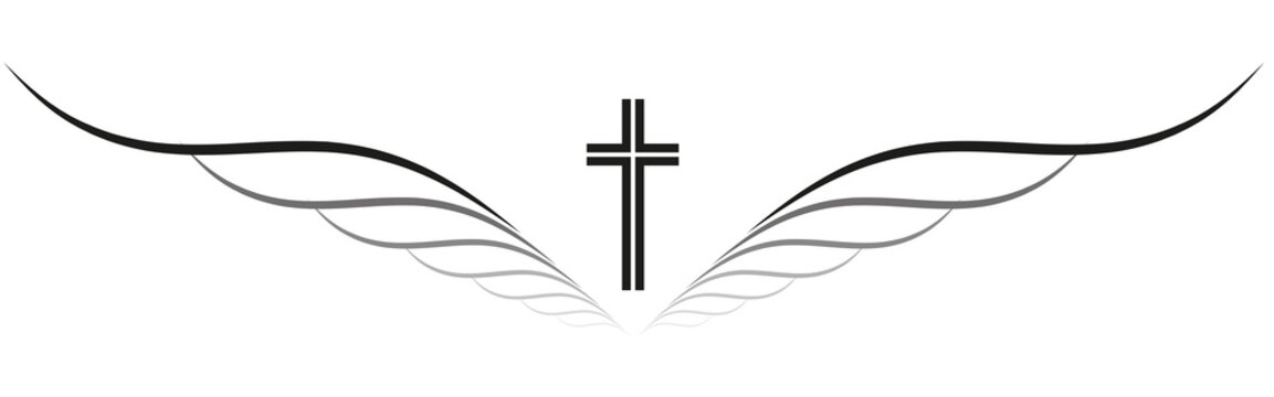 Banner f&uuml;r eine Traueranzeige, Tod und Trauer, Karte zum Beileid und Anteilnahme, Kreuz und Engelsfl&uuml;gel, abstrakt, vektor, isoliert