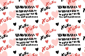 Vector abstract seamless XOXO pattern. Trendy background with hand drawn brush strokes, hearts, text. Romantic print design for textile, wrapping paper, wedding backdrops, Valentine's Day concepts etc
